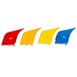 Four colorful fins (red, yellow, yellow, blue) on a white background